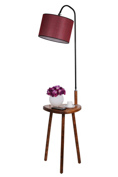 Opviq Lámpara de Pie con Mesa de Madera, Nogal y Rojo Burdeos
